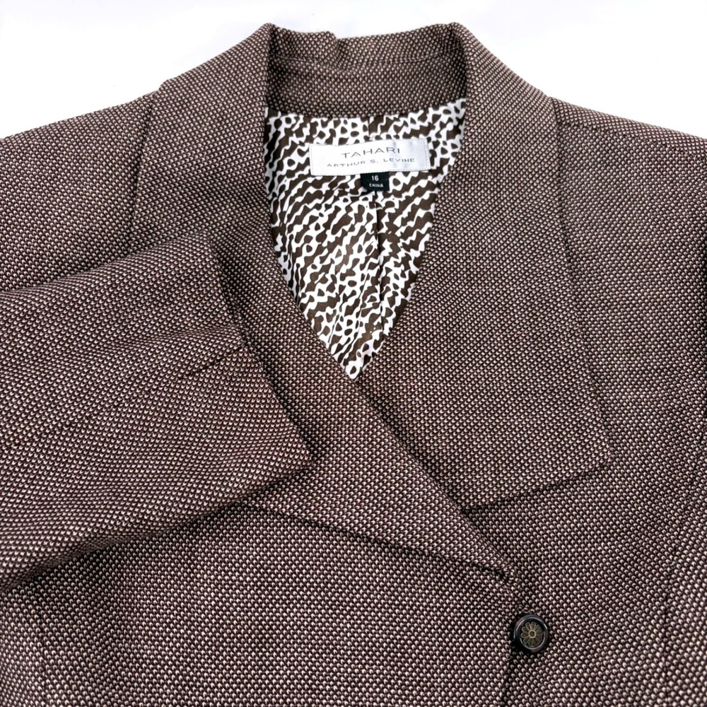 Tahari Arthur S Levine Brown Wool Asymmetrical Button Blazer Jacket Womens 16